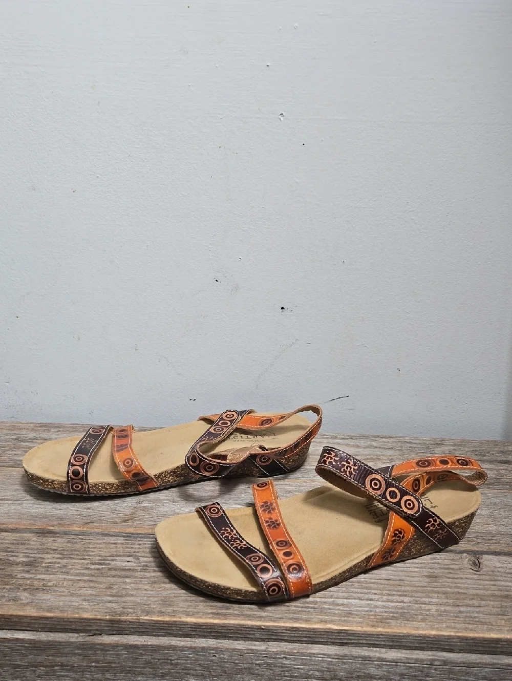 L'ATISTE Spring Step Women's Orange and Brown Leather Cork Strappy Sandal